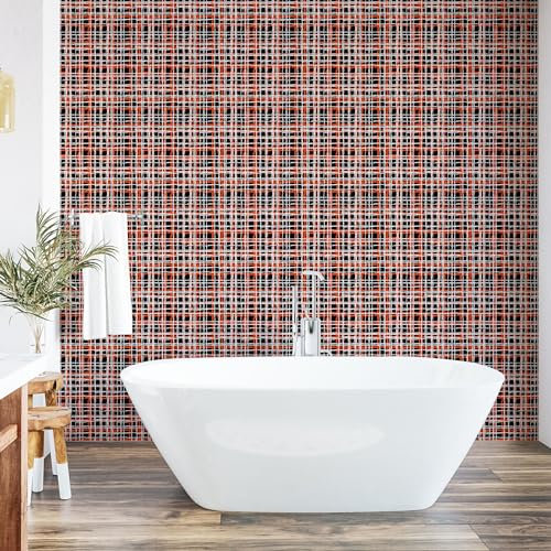 ABAKUHAUS Retro Peel & Stick Wallpaper for Home, Vintage Striped Pattern with Brushed Lines Plaid Inspired Geometric Grid, Self-Adhesive Living Room Kitchen Accent, 33 cm x 90 cm, Black Orange White