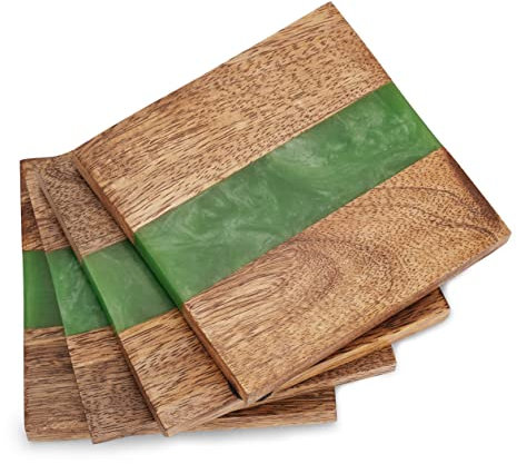 Ajuny Holz Untersetzer für Gläser mit Halter 4er-Set Handgefertigt aus Holz und Harz Quadratische Grün Dekorativ Tischschutz für Getränke Tassen Bierdeckel Heim Küche Büro und Bar Dekor