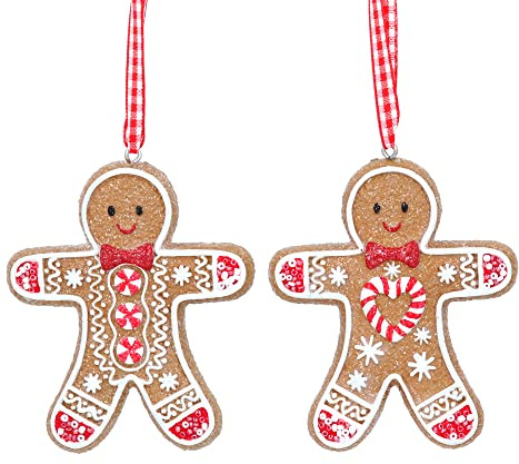 Gisela Graham Set of Two Resin Gingerbread Men with Gingham Bow Christmas Tree Decorations