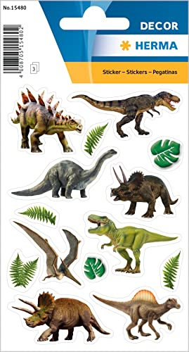 HERMA 15480 Aufkleber Dinosaurier klein groß, 42 Stück, Tiere Sticker mit Dino Saurier Motiv, Kinder Etiketten für Fotoalbum Tagebuch Poesiealbum Scrapbooking Geburtstag Dekoration Briefe DIY Basteln