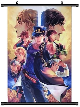 Großes 60x90CM JoJos bizarre Abenteuer Kakemono Rollbild | Anime Manga Stoffposter Wallscroll Poster | Wanddeko Geschenk | Jotaro & Freunde