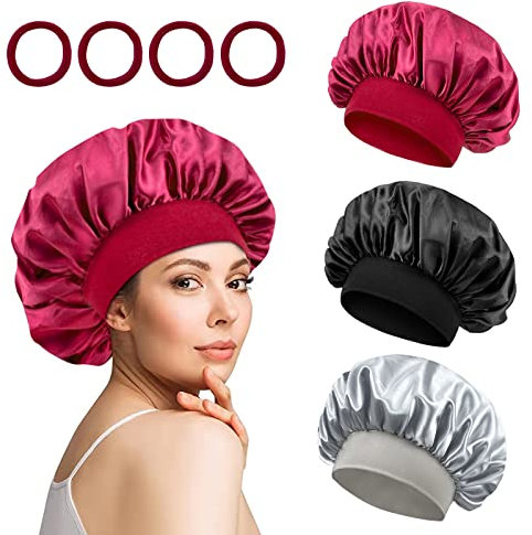 Kavya Seidenhaube Zum Schlafen, Weiche Schlafhaube Seide Haarhaube für Die Nacht Verstellbare Satin Bonnet Elastisch Schlafhaube Bonet für Frauen und Mädchen 3 Pack