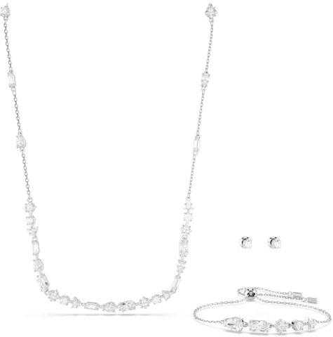 Swarovski Mesmera Set, Weiße und Rhodinierte Halskette, Ohrringe und Stilvolles Armband mit Strahlenden Swarovski Kristallen