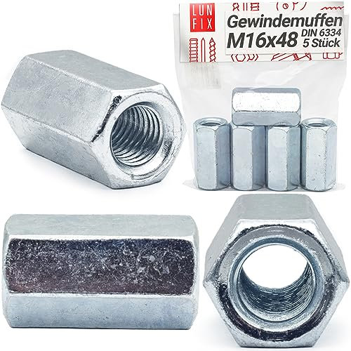 5 manicotti filettati M16 x 48 mm, DIN 6334, dadi lunghi esagonali, 5 pezzi in acciaio zincato, dado distanziatore lungo per barre filettate
