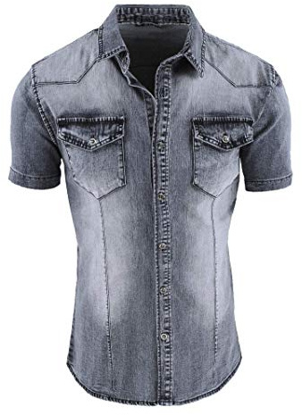 Evoga Camicia Jeans Uomo Casual a Manica Corta Slim Fit Denim Shirt (L, Grigio Denim)