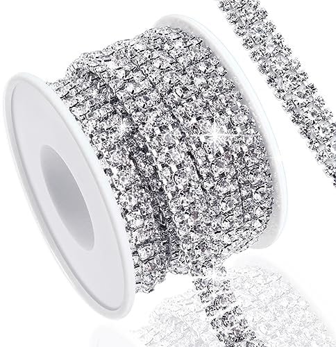 Towenm 3 Yards 3 Reihen Kristall Strass Kette Trim für Handwerk, Silber Kristall Strass Schließen Kette für Schmuckherstellung, Hochzeitstorte, Blumenstrauß, Kleidung, DIY Crocs, Tassen, Strass Nähen