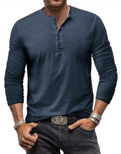 YawYews Mens Long Sleeve Tops Henley T Shirt for Men Cotton Casual Grandad Vintage T Shirts Tee with Buttons Navy M