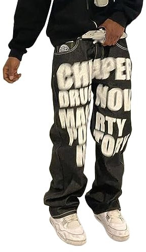 ORANDESIGNE Herren Baggy Jeans Y2K Jeanshose Vintage Bedruckt Denim Hosen Men Hip Hop Streetwear Hose Teenager Jungen Straight Leg Skateboard Jeans H Schwarz S