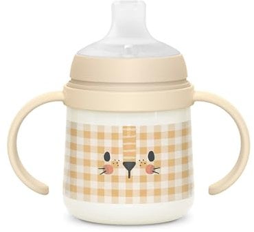 Suavinex Baby Learning Cup, Biberon con Manici che si Illumina al Buio, con Beccuccio Antigoccia in Silicone e Valvola Anticolica, per Bambini dai 6 Mesi in su, Ottimo per l'Uso Notturno, Beige