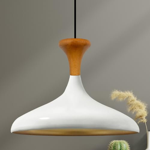 bamyum Champion Pendelleuchte Weiß aus Holz und Metall 35 cm, Hängelampe Esstisch, Küchenlampe Hängend E27, Kinderzimmer, Schlafzimmer, Wohnzimmer