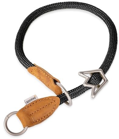 Rudelkönig Hundehalsband Emma - Elegantes Zugstopp Halsband aus Leder und Nylon - ø 12mm - Bequemes Retriever Halsband für große Hunde in schwarz