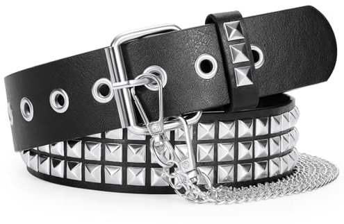 WERFORU Leder Nietengürtel mit Kette Punk Rock Metall Nietengürtel für Damen Herren Punk Gothic Ledergürtel mit Kette Schwarz