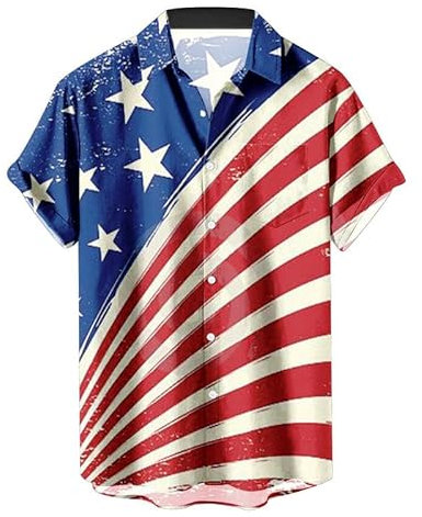 keephen Men's Hawaiian Shirts 4th of July Casual Button Down Short Sleeve Summer Shirts Vintage American Flag Button Up Bowling Shirts