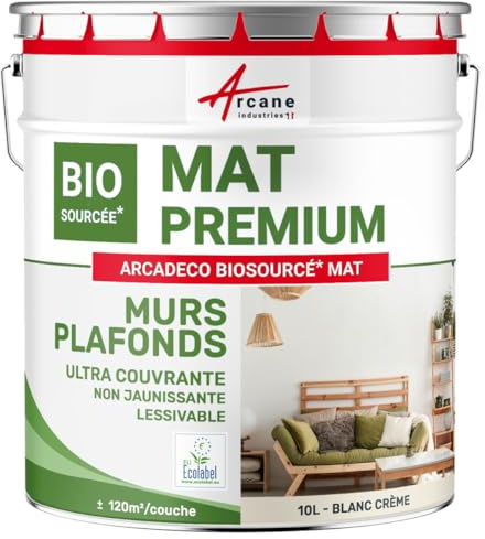 ARCANE INDUSTRIES Peinture Mate Mur et Plafond Biosourcée 10 L Blanc Crème | Peinture Intérieure Mate, Murs et Plafonds, Fort Pouvoir Couvrant, Lessivable, Biosourcée - Arcane Industries