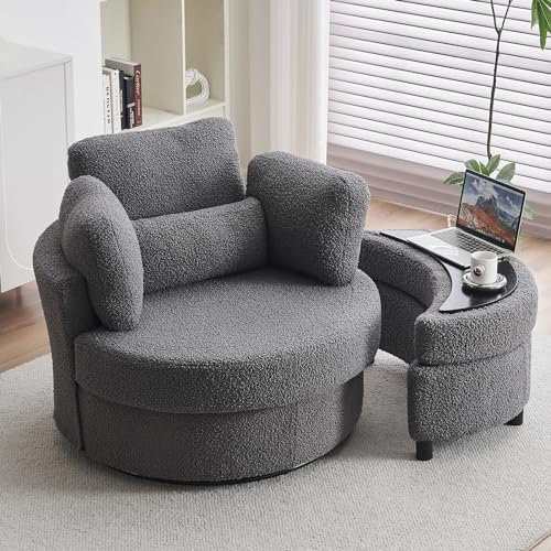 DEKKETO Swivel Cuddle Sofa Chair With Footstool Set, Teddy Single Tub Chair With Four Pillow, Snuggle Barrel Chair With Thick Cushion For Adults, Accent Round Armchairs For Living Room, Gray