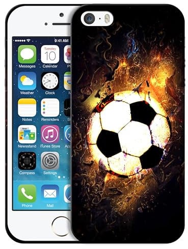 GlamCase for iPhone 5 / 5s / SE 2016 (1st Gen) - Soccer On Fire Design Printed Slim & Sleek Cute Plastic Hard Snap on Protective Designer Back Case/Cover for iPhone 5 / 5s / SE1st Gen White