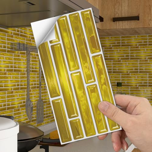 Targawerelax Stickers Carrelage Adhesif Mural Cuisine Salle De Bain papier peint, Credence Adhesive Fond d'écran, Pvc Adhesive Murale, Stickers Muraux Autocollant, Petits carreaux en brique dorée 3D