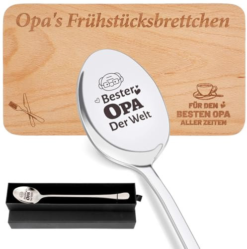 HOWAF Opa Geschenk, Opa Frühstücksbrettchen mit Gravur Bester Opa Aller Zeiten Opa Frühstücksbrett, Opa Kaffeelöffel mit Gravur, Geburtstagsgeschenk Muttertagsgeschenk Weihnachten Geschenk für Opa