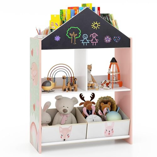 GOPLUS Meuble de Rangement Enfant, Bibliothèque Enfant en Bois Forme de Maison avec 2 en 1 Tableau Noir/Blanc, Étagère de Livres Jouets avec 2 Bac Pliable, pour Ecole Maison Maternelle (Rose)