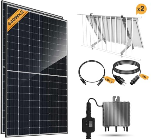 Deye SUN-M80G3-EU-Q0 Ensemble d'onduleurs de balcon avec relais 800 W avec câble de raccordement, panneau solaire JA Solar® 440 W x 2 et support PV de balcon réglable, idéal pour installation mini PV