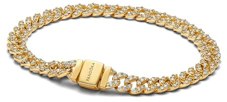 PANDORA Timeless Pavé Cuban Gliederarmband aus Sterling Silber mit vergoldeter Metalllegierung und Zirkonia Größe: 18 cm, 563008C01-18