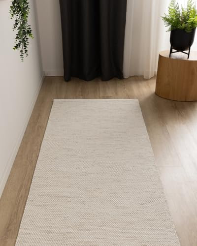 Interiyou handgewebter Baumwollteppich Riga - 70x200 cm Creme - Handwebteppich für Wohnzimmer, Schlafzimmer - 100% Handarbeit Naturfaser Teppich Flachgewebe