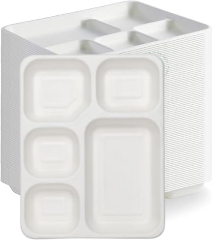 Disposable Compartment Plates (11 x 9 inch / 50 Pack) 5 Compartment Bagasse Dinner Plates - 5CP Food Meal Trays - Biodegradable Rigid Heavy Duty 100% Compostable Paper Trays for Parties, School, Lunch
