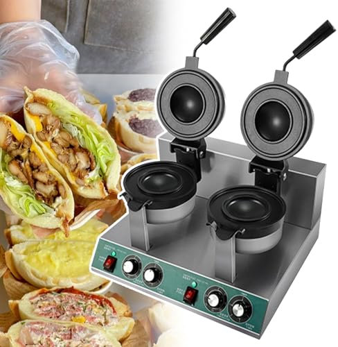 json2xml Kommerzieller Burger-Waffel-Bäcker, 1300 W, antihaftbeschichtete elektrische Burger-Presse, Temperaturregelung 50–300 °C, 5-Minuten-Timer, runder Toastie-Maker mit tiefer Füllung,Double