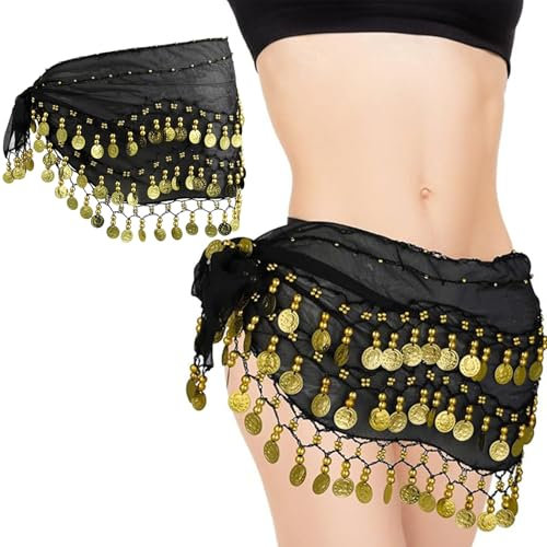 YEWCEP Bauchtanz Hüfttuch Damen, Bauchtanz Kostüm Gürtel Chiffon, Schwarz, Größe 28, Für Orientalische Tanz Damen Mit 128 Münzen