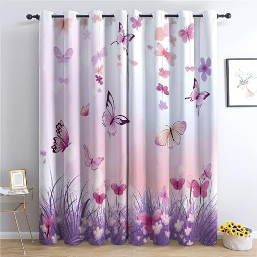 Vorhang Blickdicht Lila Schmetterling Vorhänge Mädchen Gardinen Wohnzimmer Schlafzimmer Verdunklungsvorhänge Thermovorhang 3D Druck Schallschutz Vorhang mit Ösen 2er Set B 75 x H 166 cm a.1332