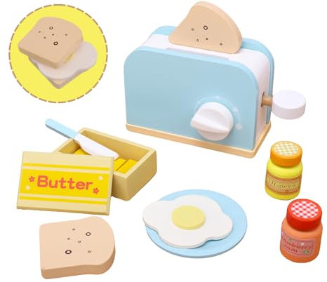 Embosomitr Toy Wooden Pop-Up Toaster Set for Kids, Breakfast Toy Kitchen Accessories, Wooden Food Toys for Play Kitchen, Preschool Educational Pretend Role Play Gifts for Girls