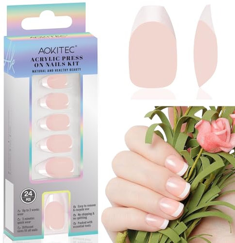 Aokitec Press on Nails French: Kurz nägel zum aufkleben mit Nagelfeile & Klebestreifen, 24 künstliche Fingernägel zum Aufkleben in 12 Größen, langlebig für Partys, Hochzeiten und Weihnachten