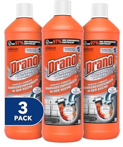 Drano (Mr Muscle) Küchen-Gel Rohrfrei Abflussreiniger, Rohrreiniger für die Küche, entfernt Verstopfungen, 3er Pack (3 x 1000 ml)