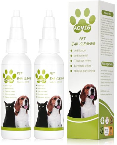 Aomig Ohrentropfen für Hunde Katzen Ohrenreiniger Ohrenspray Ohrenreiniger zur Ohren Reinigung und Pflege des äußeren GEH Juckreiz Ohrreiniger Hund Ohrenschmalz Entferner Hundeohrschmalz (2Pcs-100ml)