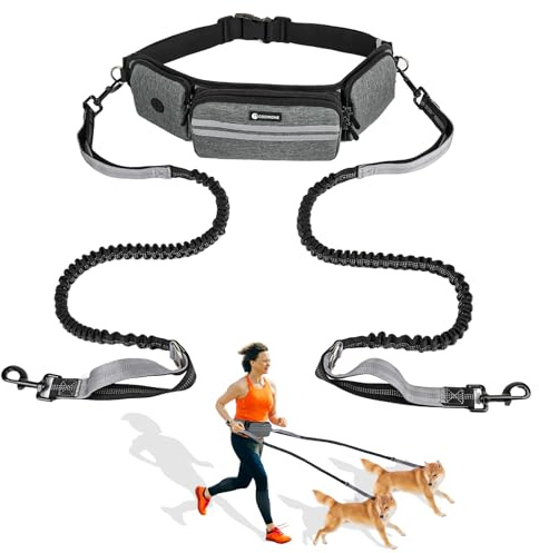Leckerlitasche für Hunde, Bauchtasche für Hunde Zubehör-Leckerlibeutel mit Kotbeutelspender, reflektierende Bungee-Waist-Leine Für Gassi, Wanderungen & Hundetraining (Grau, Mit 2 Hundeleinen)