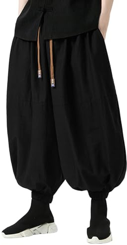 Duohropke Haremshose Herren Leinen Pluderhose Japanischer Samurai Stil Ninja Hose Sommer Baggy Jogginghose Hip Hop Harajuku Streetwear Große Größen Strandhose Yoga Freizeithose Aladinhose