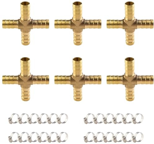 ANGEEK 6 Stück Messing Schlauchanschlussset, 10 mm 4-Wege-X-förmiger Messing Schlauchverbinder mit 24 Schlauchschellen, geeignet für Luft, Gas, Wasser, Kraftstoff.