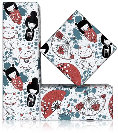 Japanisches Geschenkpapier, japanischer Stil Fan Glückskatze Maneki Neko Geschenkpapier, 4 Blatt flach gefaltet 50,8 x 71,1 cm für Geburtstag, Hochzeit, Babyparty