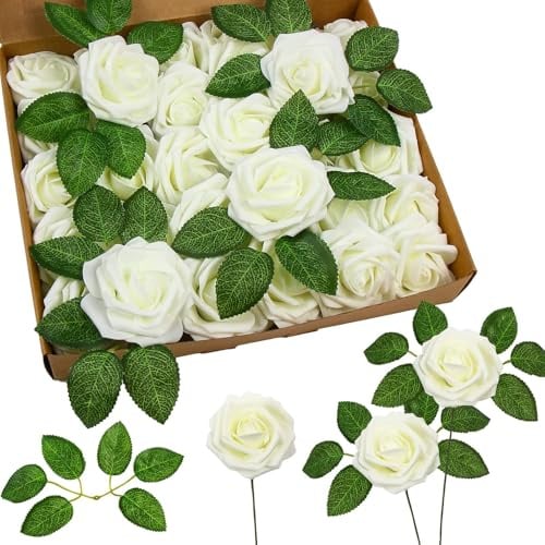 SULOLI 25pcs Roses Artificielles Fleurs Fausses Têtes de Roses en Mousse | avec Tige Fleurs Artificielles dans des Boîtes pour Décoration de Mariage Bouquet de Mariée Demande en Mariage Dête
