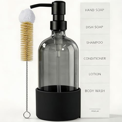 MIUSITE Hand Soap Dispenser, Kitchen Soap Dispenser with Cleaning Brush & Non-Slip Silicone Base Bathroom Glass Soap Dispenser Shower gel, Shampoo Dispenser Pump Bottle 500ml (Grey)