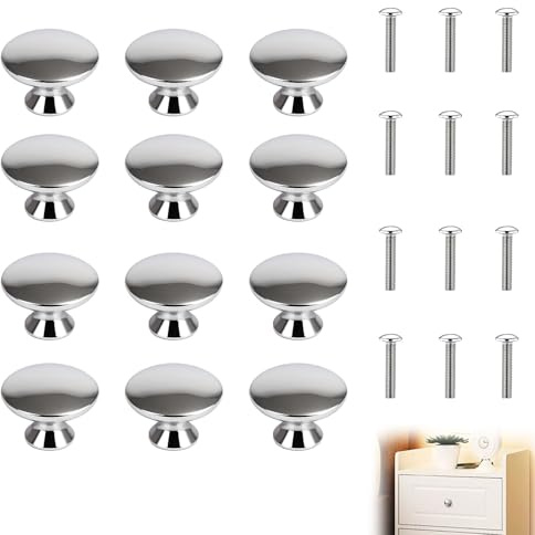 QGH Cabinet Drawer Knobs – 12 PCS 30mm Silver Polished Chrome Door Knobs – Round Mushroom Handles with Screws -Cupboard Door Nnobs for Kitchen, Bathroom, Wardrobe & Dresser Furniture