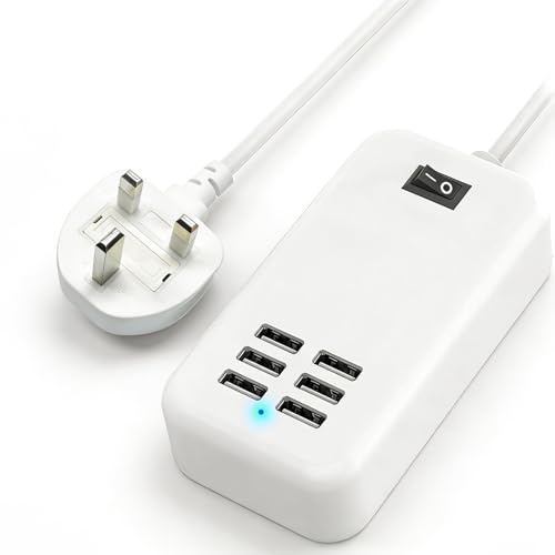 USB Charging Station 30W 6-Port Desktop USB Charger (Max 5V/2.4A), 1.5M Extension Lead with Switch, Multi USB Charging Hub with Fused UK Plug for iPhone, iPad, Tablets, Bedside & Office – White