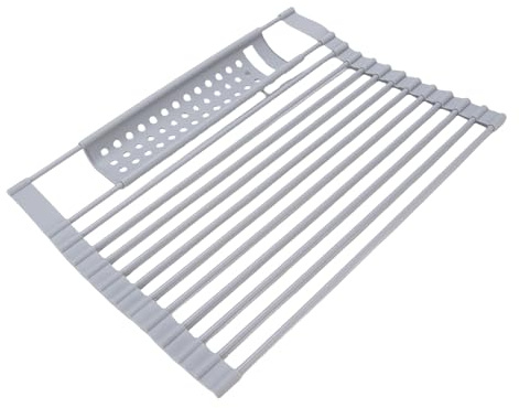 Yctze Estante para Secar Platos Enrollable sobre el Fregadero Estante para Secar el Fregadero con Rollo de Cocina para el Plegable Drenaje Rodante Escurridor de Platos de Silicona Inoxidable (L)