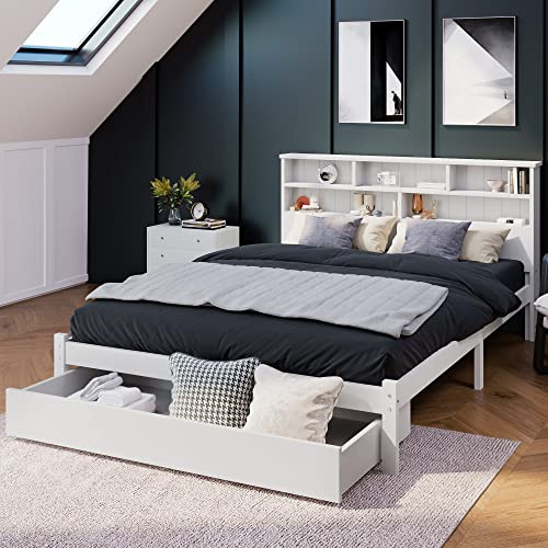 Mrwoo Wooden Double Bed Rack, Storage Bed with a Large Drawer, Bedhead Board with Storage, 5 Storage Compartments, Suitable for Multiple Styles, 135 x 190 cm, White (No Mattress)