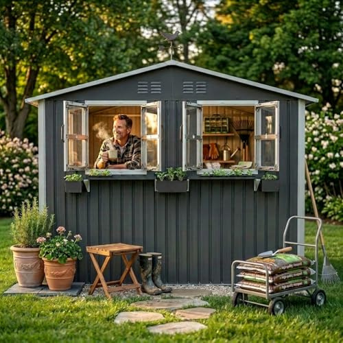 Modernes Metall Gartenhaus 276×182×198 cm mit öffenbaren Fenstern & Blumenhalter, Wasserdichter Geräteschuppen für Garten, Terrasse & Hinterhof, Grau (Anthrazitgrau, 6x9FT)