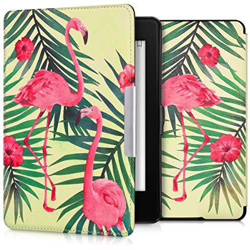 kwmobile Custodia eReader Compatibile con Amazon Kindle Paperwhite Cover - eBook Reader Flip Case - rosa/verde/verde chiaro - Fenicottero tra le palme
