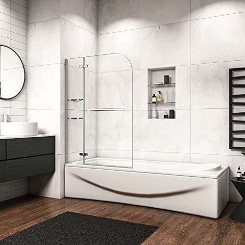 AICA Badewannenaufsatz Duschabtrennung 100x140cm Duschwand Badewanne 5mm Sicherheitsglas mit Handtuchhalter Eckregal