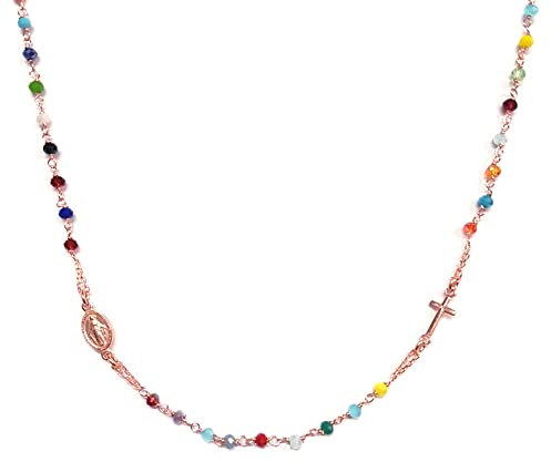 Linea Italia Gioielli - Collana Rosario Girocollo per Donna in Argento 925 Placcato Rosa con Pietre Colorate, Croce e Medaglietta Madonna - Made In Italy
