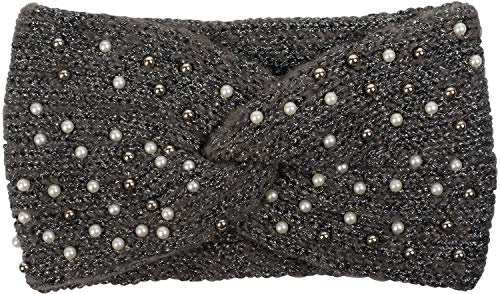 styleBREAKER Damen Strick Stirnband mit Perlen, Metallic Garn und Twist Knoten, warmes Winter Haarband, Headband 04026029, Farbe:Grau-Schwarz