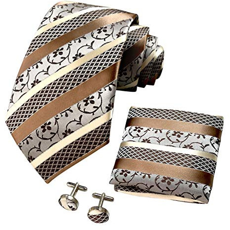 CANGRON Herren Braune Streifen Krawatte Set Krawatte mit quadratischen Manschettenknöpfen + Geschenkbox DLSP8ZO